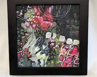 Original Abstract Painting, Organic, Framed, Hot Pink,  Green, 6x6, Lime Green, Paint pens, Acrylic Painting, Beautiful Modern, Black