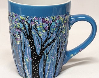 Blue Purple Tree Mug, Handpainted, One of a Kind, Forest, Grove, Coffee Mug, Tea, Dana Marie, Original Art, Hand Painted, Green, Aspen Trees