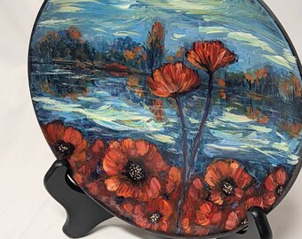 Red Poppies Handpainted Plate, One of a Kind, Floral, Flowers, Blue, Lake, Dana Marie, Original Art, Hand Painted, Poppy Flower