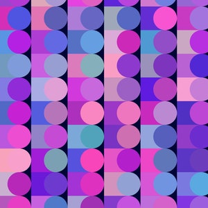 Könnte beinhalten: Abstraktes geometrisches Muster mit einem sich wiederholenden Design aus überlappenden Kreisen in Pink-, Lila- und Blautönen. Die Kreise sind in vertikalen Spalten vor einem schwarzen Hintergrund angeordnet.