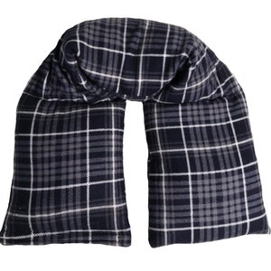 May include: A blue and gray plaid neck wrap with a U-shaped design. The wrap is made of soft fabric and is perfect for providing warmth and comfort.