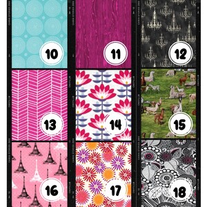 Pu&ograve; includere: Un collage di 18 motivi diversi, ognuno con un numero in un cerchio bianco. I motivi includono un motivo a pois blu e bianco, un motivo a chevron rosa e bianco, un motivo floreale rosa e bianco, un motivo a lampadario nero e bianco, un motivo a lama verde e bianco, un motivo della Torre Eiffel rosa e bianco, un motivo floreale rosso, arancione e viola, e un motivo paisley nero e bianco.
