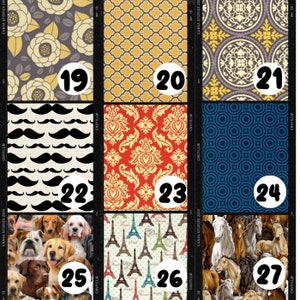 Pu&ograve; includere: Un collage di 10 diversi motivi di tessuto, ognuno con un numero da 19 a 27. I motivi includono stampe floreali, geometriche, paisley e animalier.