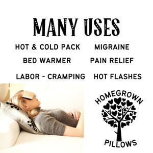 Puede incluir: La imagen presenta texto que dice "MANY USES" con una lista de aplicaciones. Una mujer est&aacute; acostada en un sof&aacute; con una almohada y una m&aacute;scara para los ojos. La imagen tambi&eacute;n incluye un logotipo de un &aacute;rbol hecho de corazones con las palabras "HOMEGROWN PILLOWS".