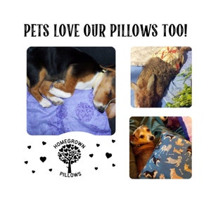 Puede incluir: La imagen muestra tres perros sobre almohadas. Un perro duerme sobre una almohada morada, otro descansa sobre una almohada floral y un tercero est&aacute; con una almohada azul con ilustraciones de perros. El texto dice "PETS LOVE OUR PILLOWS TOO!" y "HOMEGROWN PILLOWS".