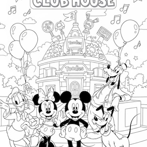 Può includere: Disegno a tratto in bianco e nero della Mickey Mouse Clubhouse con Topolino, Minnie, Paperino, Pippo e Pluto. La Clubhouse ha un cartello con scritto "Mickey Mouse Club House" e la parola "Toodles" è scritta sull'edificio.