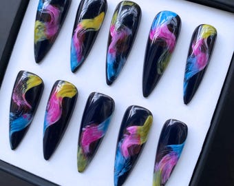 Black Press On Nails Colorful Lines | Simple Black Stiletto Nail