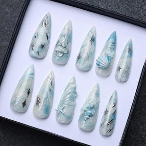 Beach Nail With Starfish and Jerry Fish cute icon / Summer nail / Starfish Nail charm / Long Nail / Fake Nail / Nail Press On / Glue On Nail