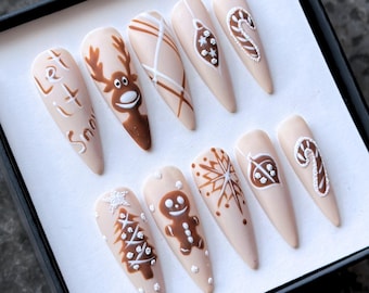 Brown and Beige Christmas Press On Nails | Christmas Matte Nail Set | Christmas Deer Nail | Short Nail
