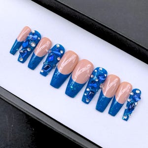 Sapphire Blue Press On Nails / Rhinestone Press On Nails / Elegant Blue False Nails / Glue On Nails / Sparkling Nails / False nails / Coffin