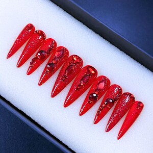 Red Rhinestone Classy Press On Nails / Luxury Glue On Nails / Red Nails / Handmade Glue On Nails / Acrylic Press On Nails / Long Nail