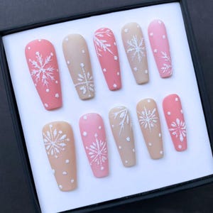 Snowflakes on  Pink Beige Matte Coffin Press On Nails Set Handmade