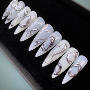 White Gothic Press On Nails | Witchy Nail Design with Silver Lines | Reusable False Nails