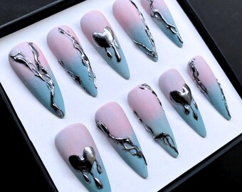 Ombre Blue Pink Pastel Press On Nails | Gothic Charm Matte Nail Design