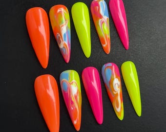 Handmade Y2K Press On Nails, Neon Lime Green Orange Pink Nail Set