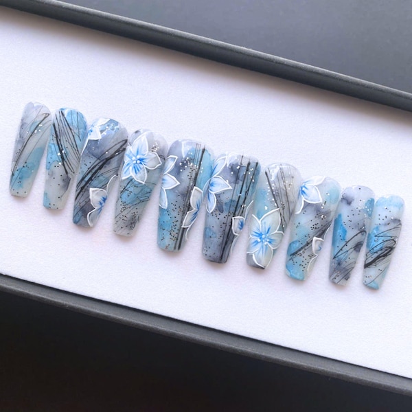 Blue Orchid Press On Nails | Floral Coffin Nail Set | Simple Short Nail