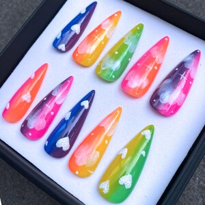 Hand Painted Press On Nails: Heart Cloud Sky Ombre