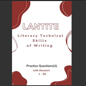 Puede incluir: Un gráfico blanco y rojo con el texto "LANTITE Habilidades técnicas de alfabetización de la escritura Preguntas de práctica (1) con respuestas 1-30".