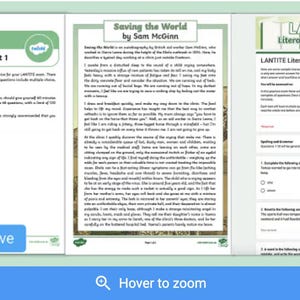 Op de afbeelding: Een oefentoetsenset voor LANTITE, met drie pagina's tekst en een blauwe banner onderaan. De pagina's bevatten de titel "Saving the World by Sam McGinn" en "Literacy Practice Test Set 1". Een "Proudly Human Created"-logo is zichtbaar.