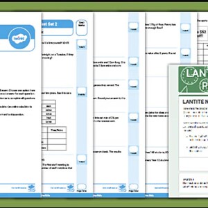 Op de afbeelding: Een verzameling educatieve werkbladen getiteld "LANTITE Numeracy Practice Test Set 2". De werkbladen zijn wit met blauwe en groene accenten, met tekst en interactieve elementen. De afbeelding bevat de woorden "Forms" en "interactive".