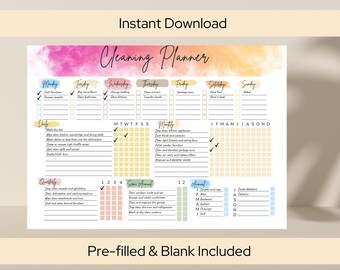 May include: A printable cleaning planner with a watercolor background in shades of pink, orange, and yellow. The planner includes sections for daily, weekly, monthly, quarterly, and annual tasks. It also includes a checklist for each day of the week and a grid for tracking tasks by month.