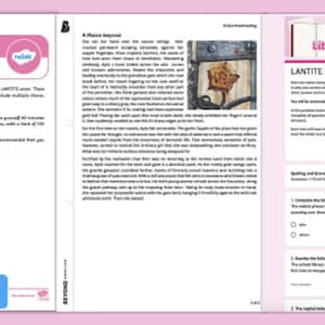 Może przedstawiać: Zestaw 3 testu praktycznego z czytania z logo LANTITE. Test zawiera pytania wielokrotnego wyboru, krótkie odpowiedzi i stwierdzenia prawda/fałsz. Test obejmuje pisownię, gramatykę i rozumienie tekstu. Test ma na celu przygotowanie uczniów do egzaminu LANTITE.
