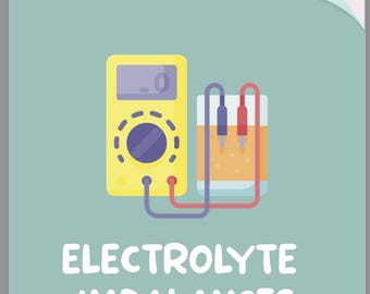 May include: A yellow multimeter with a digital display is connected to a glass container with orange liquid via blue and red wires. The text "ELECTROLYTE IMBALANCES" is displayed in white letters on a teal background.