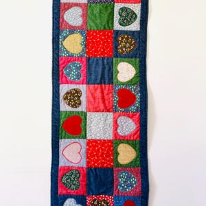 Vintage handmade quilted patchwork heart table runner