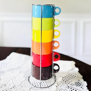 Vintage rainbow stacking stoneware coffee mugs with wire rack — set of 6