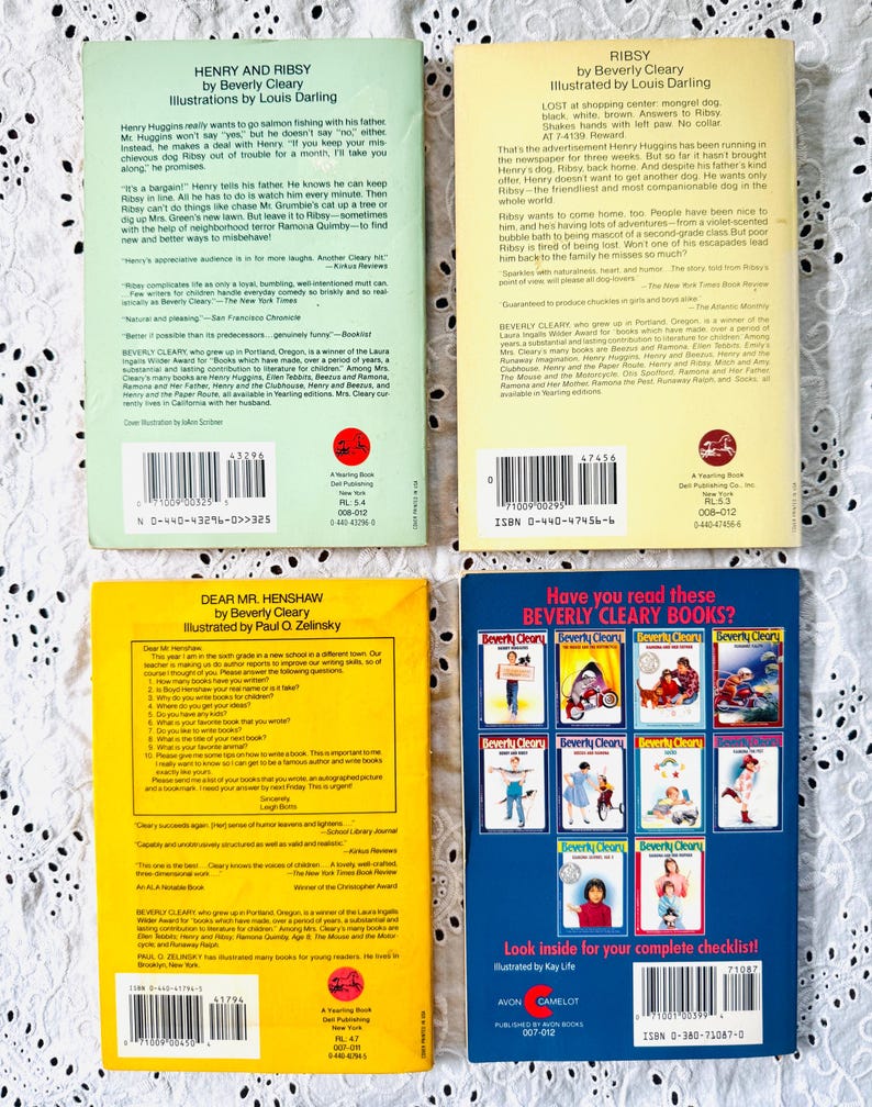 May include: Four paperback books by Beverly Cleary arranged in a grid. The top left is light green, the top right is yellow, the bottom left is yellow, and the bottom right is blue with a grid of ten small book cover illustrations and text.
