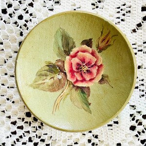 Tiny vintage wooden ring dish with hand-painted floral motif image 1