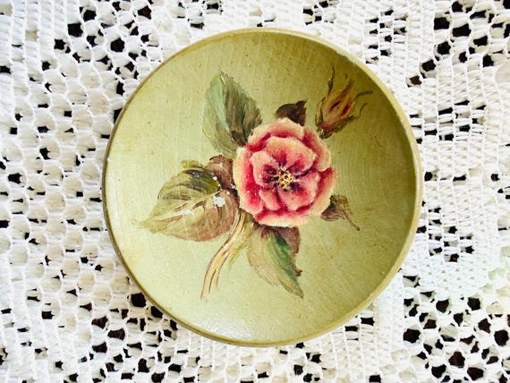 Tiny vintage wooden ring dish with hand-painted floral motif