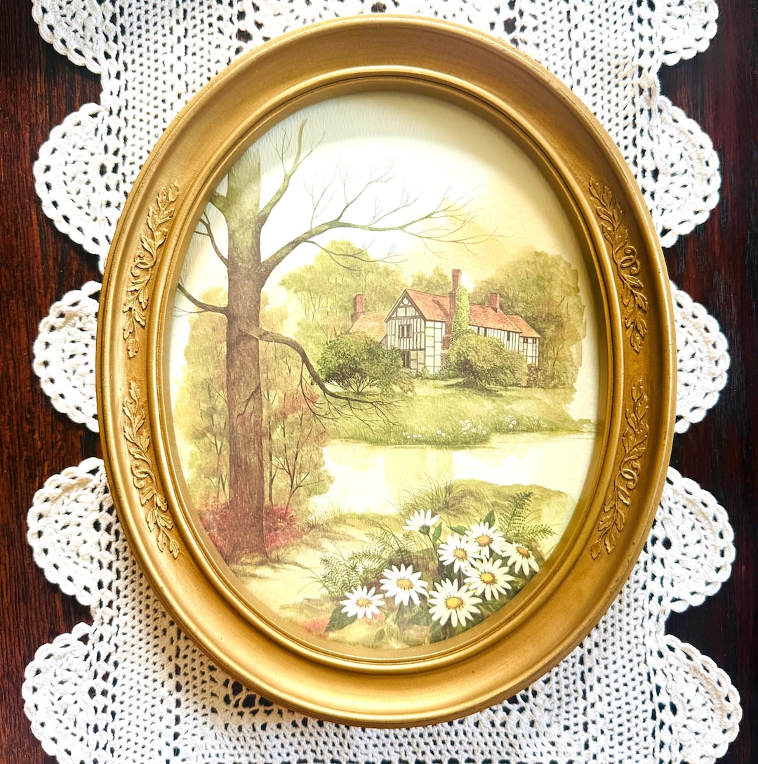 Vintage Homco Village Print in Ornate Gold Oval Frame - Etsy