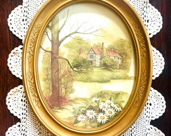Vintage Homco village print in ornate gold oval frame