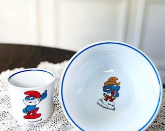 Vintage 1980s ceramic German Smurf bowl and mug set