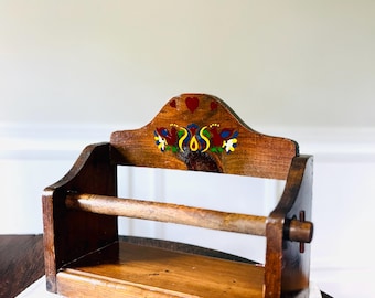 Vintage wooden paper towel holder — handpainted bird motif