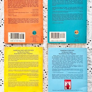 May include: Four paperback books by Beverly Cleary titled Beezus and Ramona, Ramona the Pest, Ramona and Her Father, and Ramona Forever. Each book cover features a summary, ISBN, barcode, and a small horse logo on the back of the book.