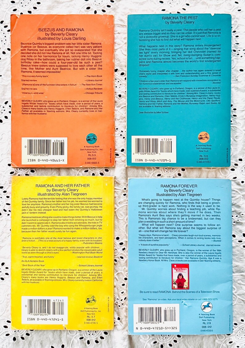 May include: Four paperback books by Beverly Cleary titled Beezus and Ramona, Ramona the Pest, Ramona and Her Father, and Ramona Forever. Each book cover features a summary, ISBN, barcode, and a small horse logo on the back of the book.