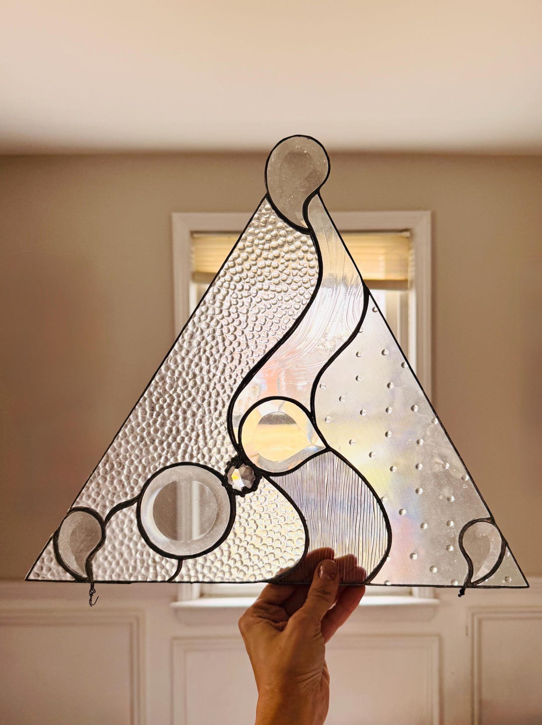 Large Vintage Triangular Patchwork Textured Clear Suncatcher With ...
