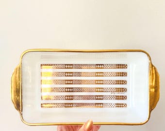 Vintage Georges Briard Fire King 22-karat gold + milk glass loaf pan