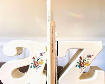 Vintage handmade ceramic floral A to Z bookends