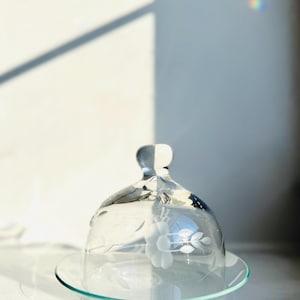 May include: A clear glass cloche with a floral design, resting on a matching plate. The cloche has a rounded top with a small handle. The floral design is etched into the glass. The plate has a slightly raised edge. The cloche and plate are on a white surface.