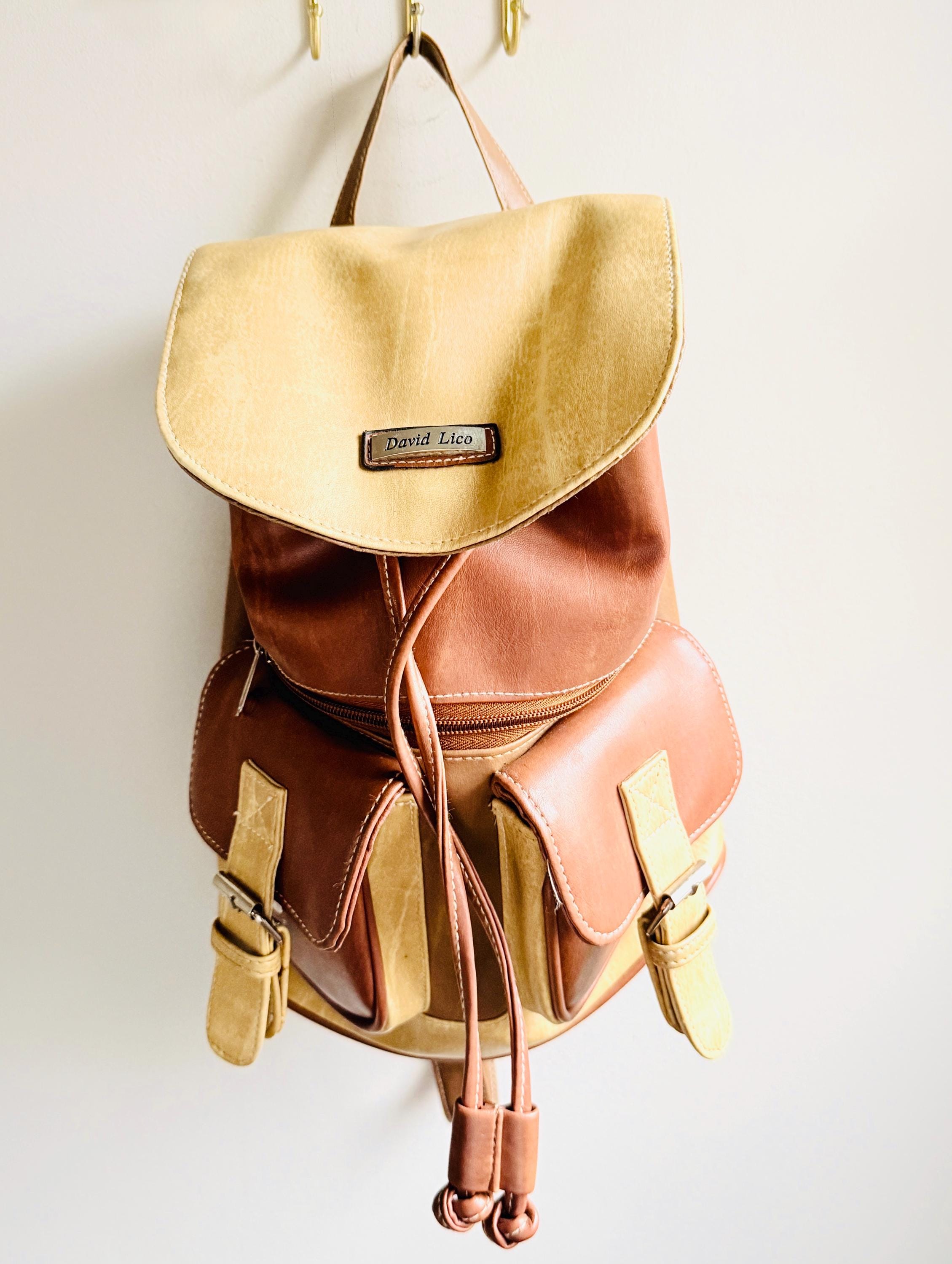 80s leather backpack Vintage Italian Leather Backpack - Cognac
