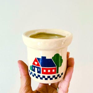 Vintage farmhouse simmer pot / candle holder with checkerboard barn design