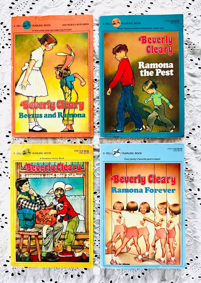 May include: Four vintage Dell Yearling paperback books by Beverly Cleary: Beezus and Ramona, Ramona the Pest, Ramona and Her Father, and Ramona Forever. Each cover features colorful illustrations of children and text titles in a rectangular format.