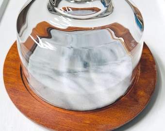 Vintage glass cloche with marble and teakwood base