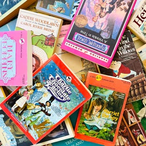 Puede incluir: Una colecci&oacute;n de libros de bolsillo antiguos que incluye t&iacute;tulos como A Wrinkle in Time, Caddie Woodlawn, Mary Poppins, Charlie and the Chocolate Factory, Harriet the Spy, The Wind in the Willows y Treasure Island con portadas ilustradas.