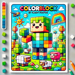Puede incluir: Una ilustración colorida de arte de píxeles de un personaje de bloques con una cabeza verde y un cuerpo azul, de pie en un paisaje verde y amarillo. La ilustración se titula "Colorblock by Flight Photos".