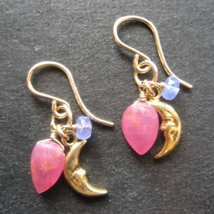 MOON EARRINGS- mini charm earrings with moon charm, pink sapphire and tanzanite on gold-filled earwire