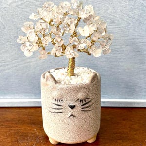 Árbol de cuarzo blanco natural en maceta para gatos, hecho a mano